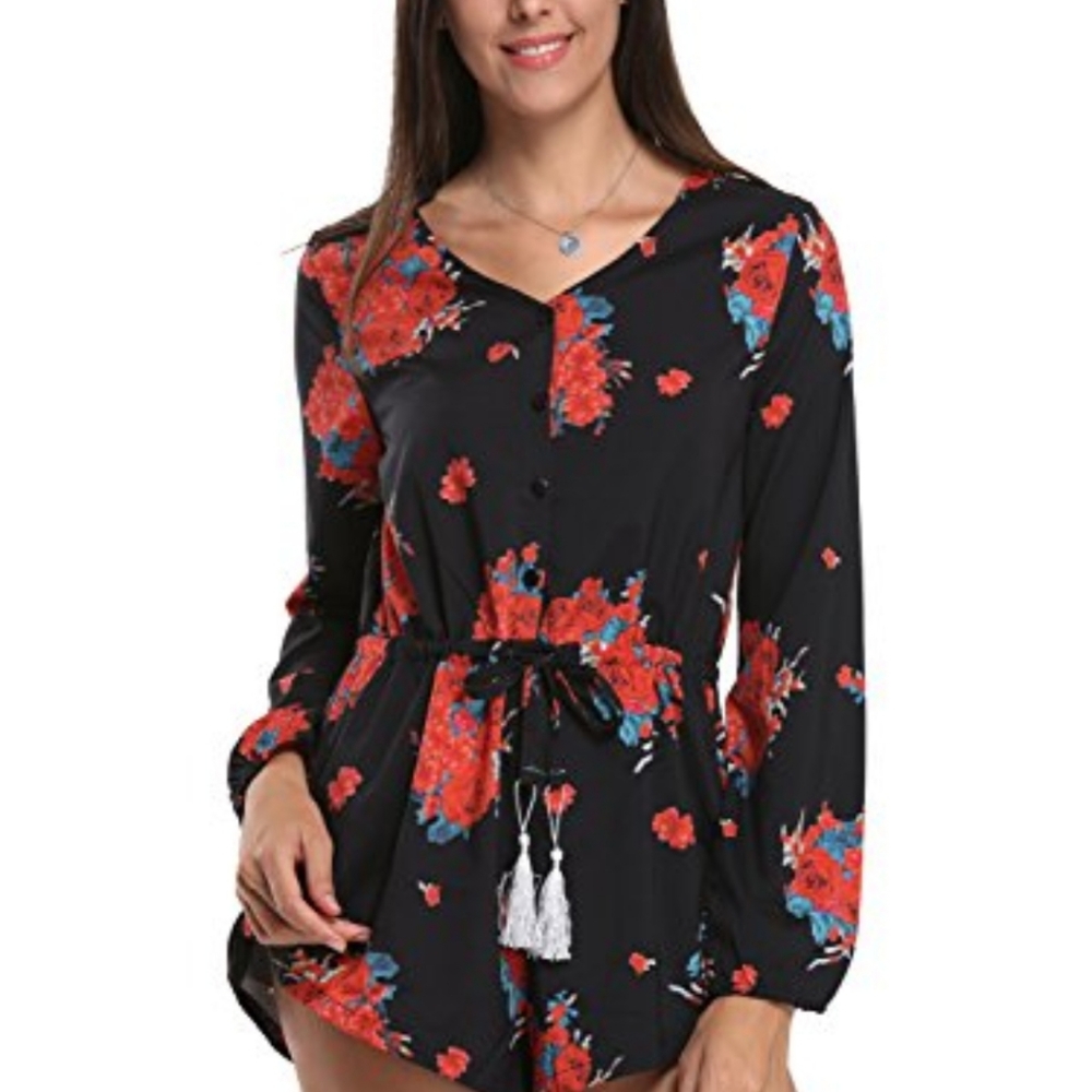 CHOIES RED AND BLACK FLORAL TASSEL JUMPSUIT